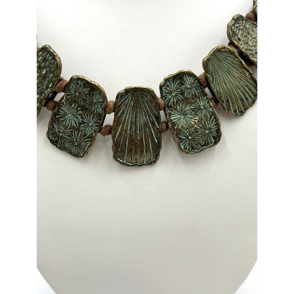 St. Thomas Etched Medallions Copper Tone Brown Suede Patina Statement Necklace - Picture 2 of 15